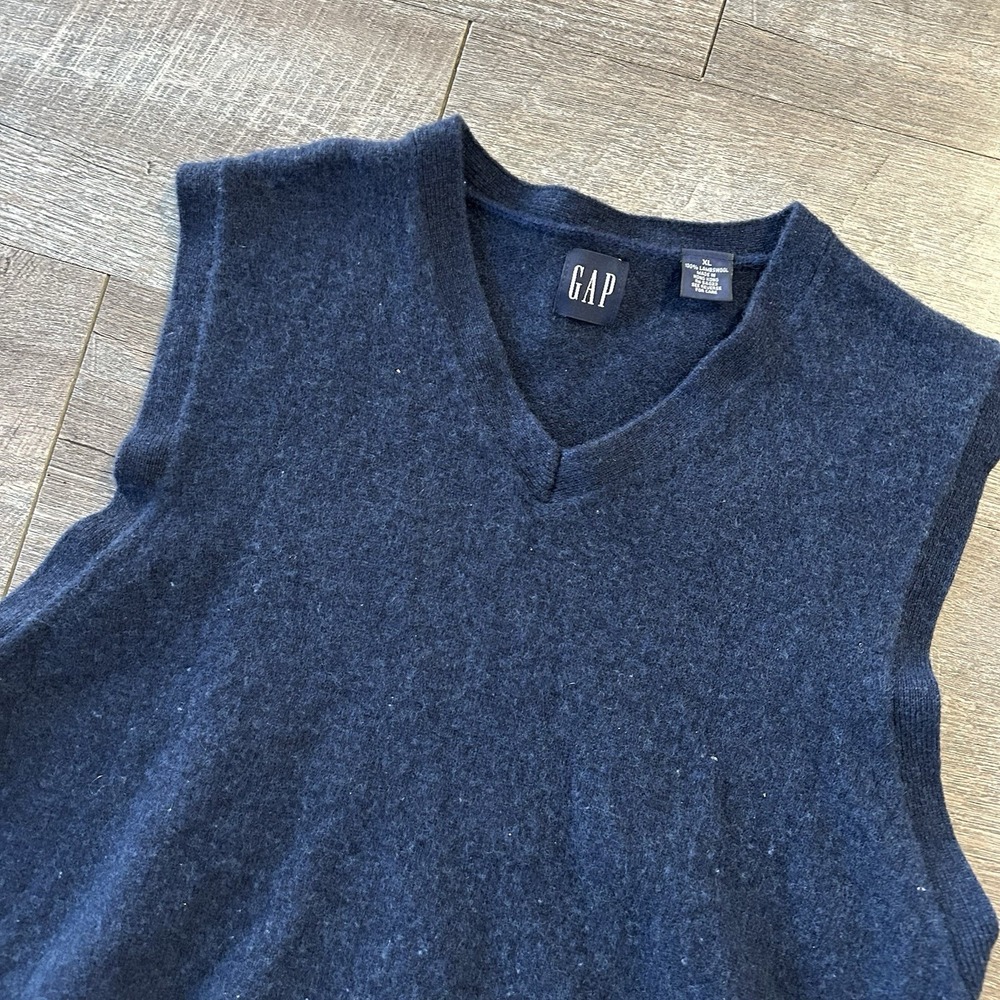 Vintage 90s GAP 100% Lambswool V-Neck‎ Sweater Vest Pullover Mens Large Blue